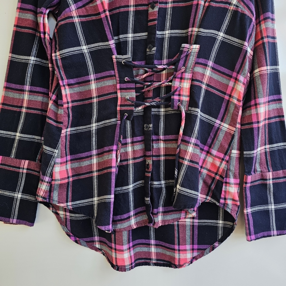 EXPRESS Pink Purple Plaid Flannel Corset Lace-Up Button-Down Shirt Size Small - Picture 4 of 12